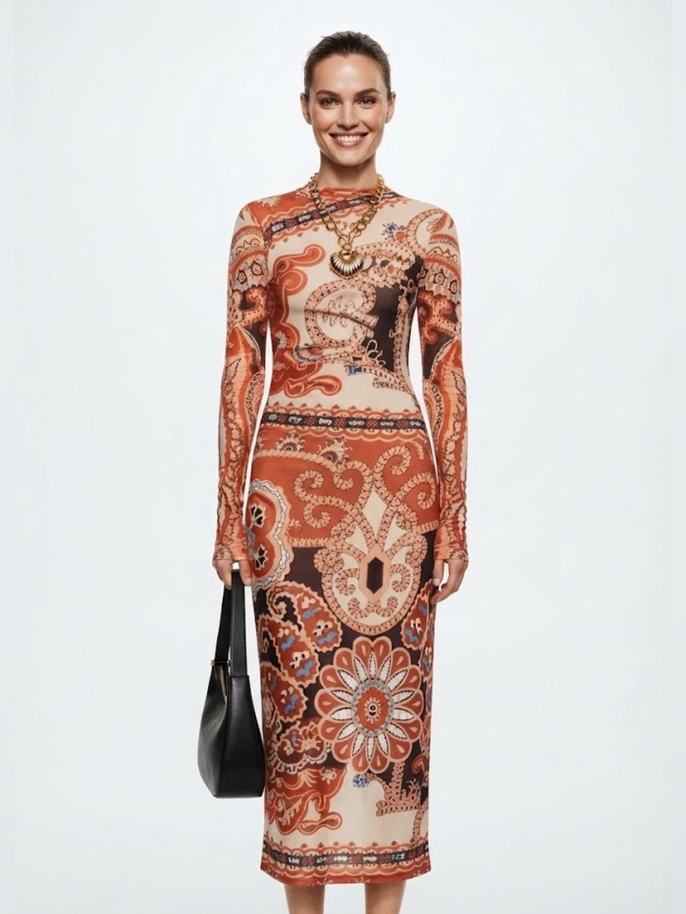 FARM Rio x Anthropologie Paisley Long Sleeve Mesh Slim Midi Dress Size XXS NWT